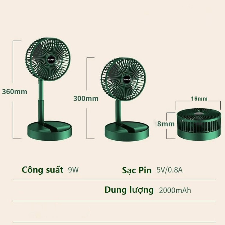 Quạt Tích Điện Để Bàn Mini Super Fan Gấp Gọn Có Thể Kéo Dài 3 Tốc Độ Gió Xoay 360 Cổng Sạc USB Tiện Dụng, Bảo Hành 12 Tháng