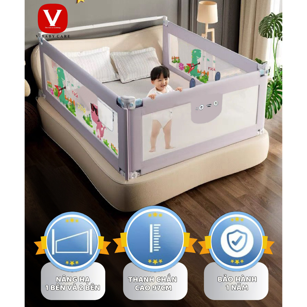 Mẫu mới 2023-thanh chắn giường v-baby khủng long plus new và n1 nâng hạ 1 bên