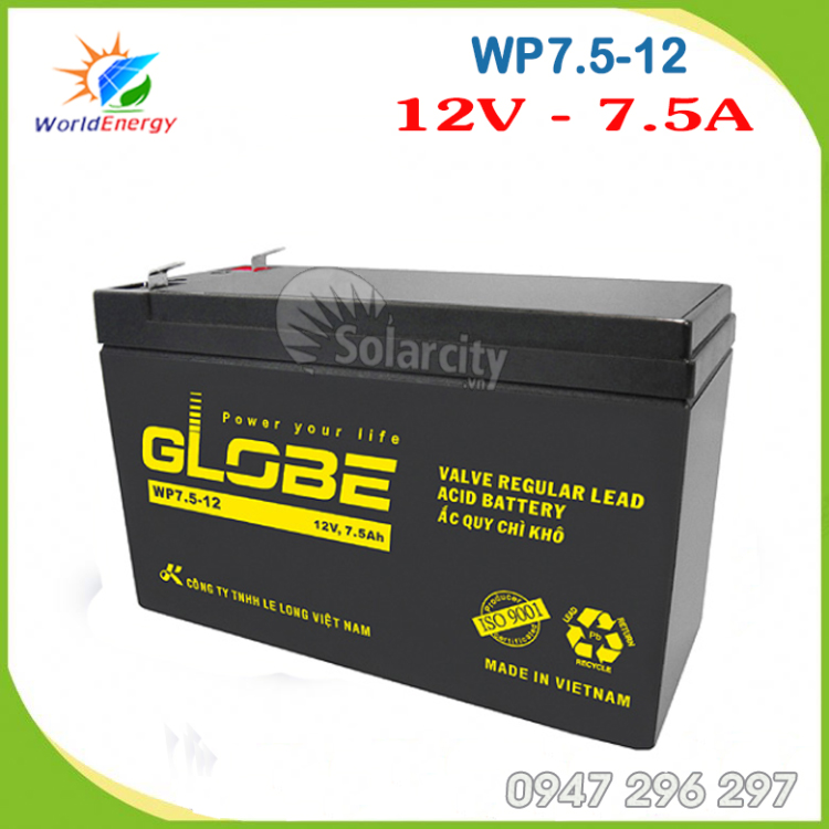 Ắc quy Globe 12V- 7.5Ah (WP7.5-12) dùng cho UPS, lưu điện...