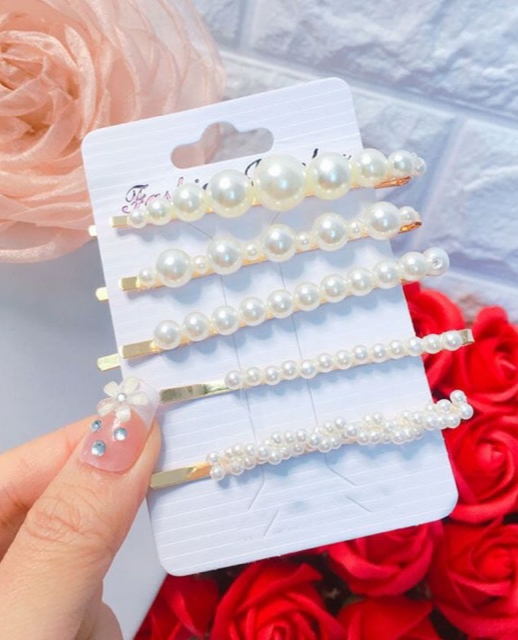 SET 5 KẸP TÓC  ĐÍNH NGỌC TRAI GIẢ DỄ THƯƠNG