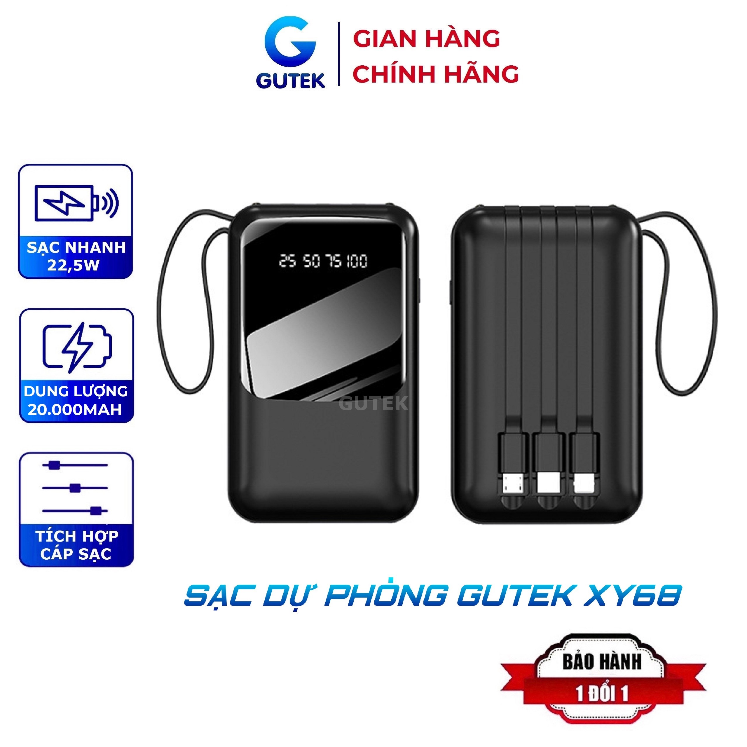 Sạc dự phòng Gutek XY68 dung lượng 10000 - 20000mAh tích hợp dây sạc nhanh cho nhiều thiết bị điện thoại