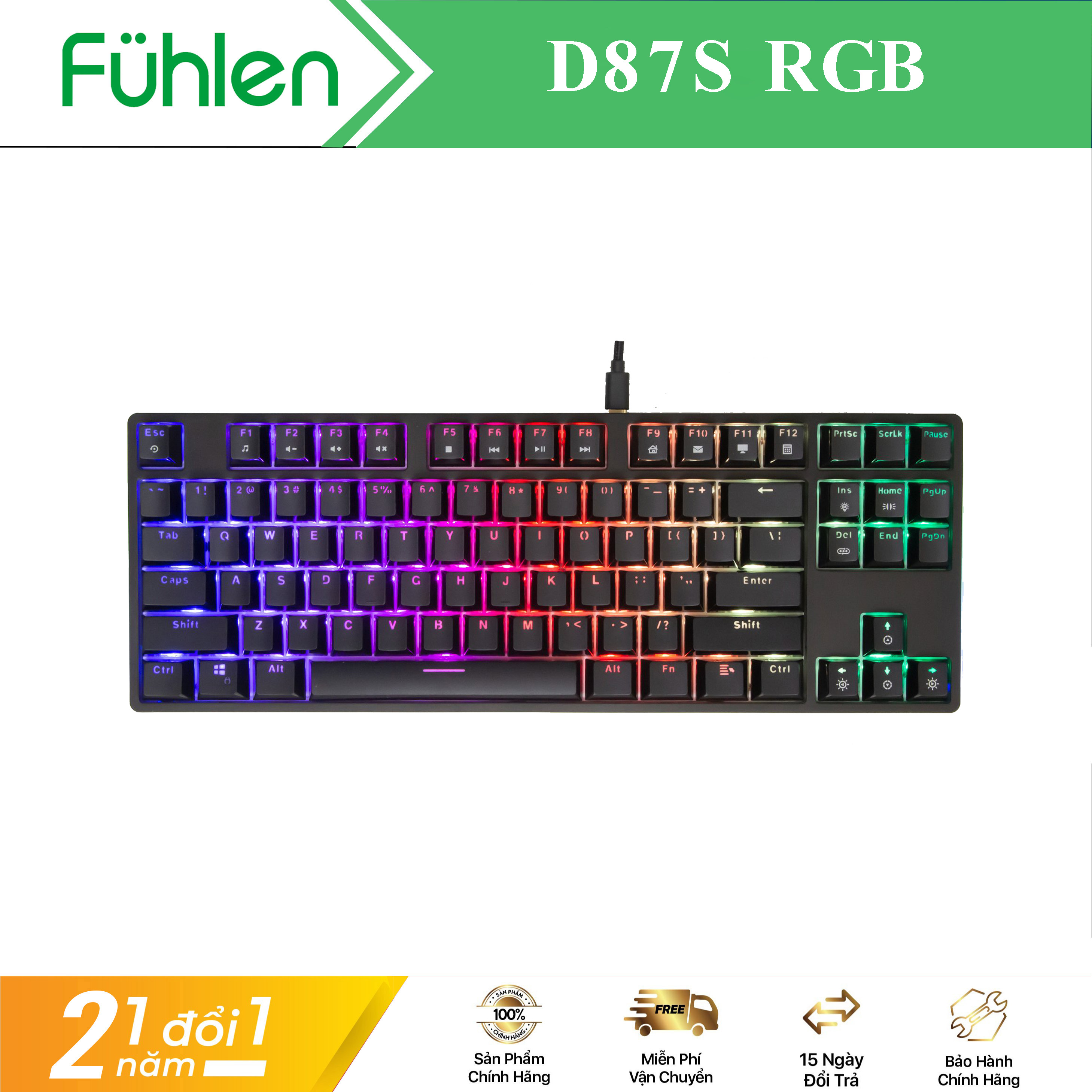 Bàn phím cơ Fuhlen D87s RGB cáp rời type C - bảo hành 2 năm