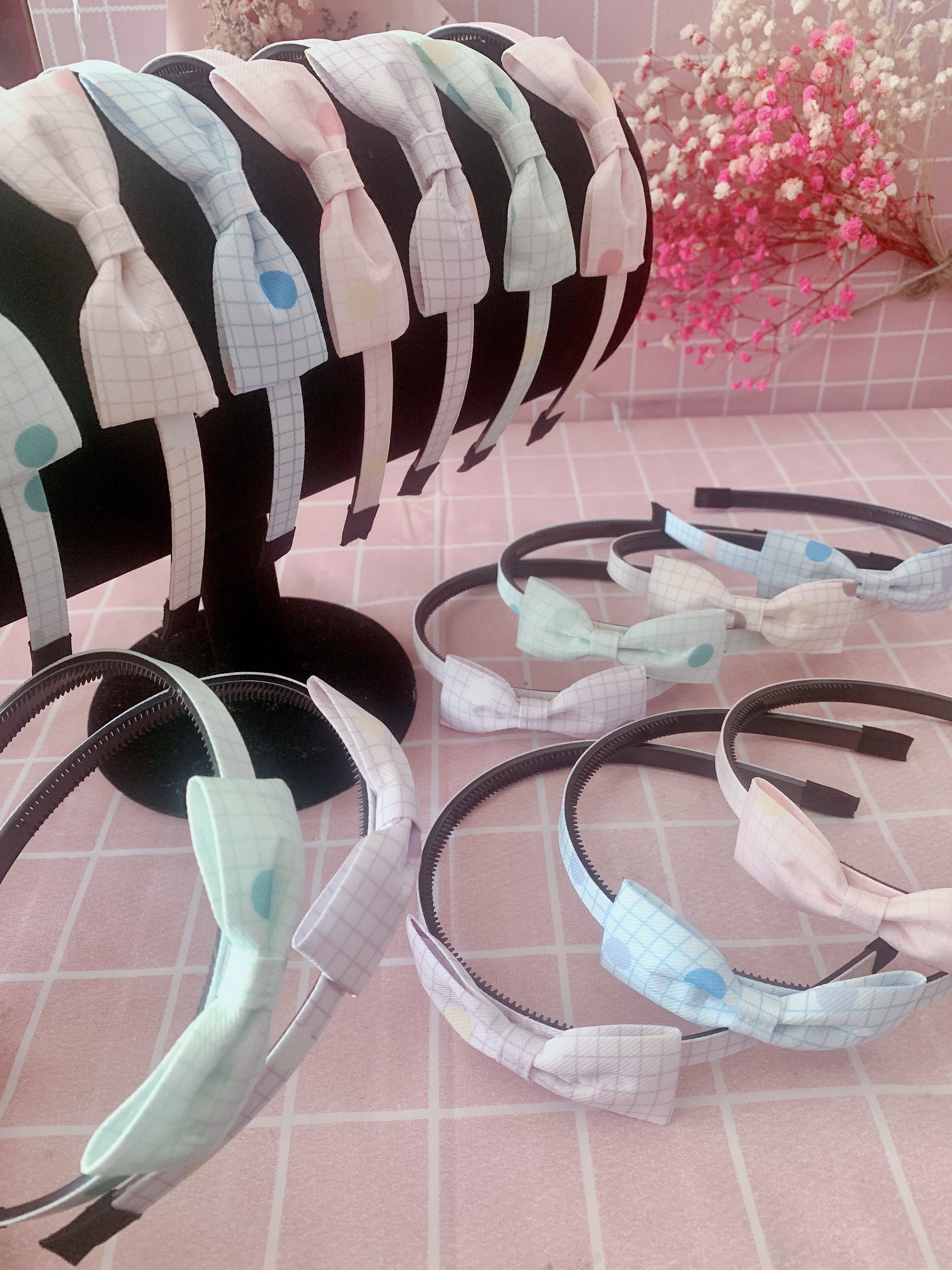 Cài Tóc Bờm Tóc Nơ Họa Tiết Caro Bi Lớn Cho Bé Gái