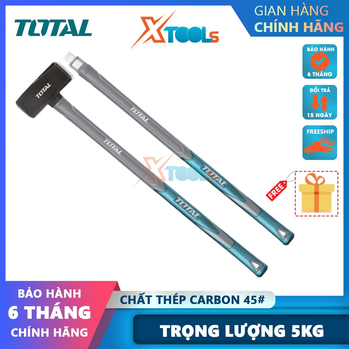 Búa tạ 5kg Total THT720516, đầu búa chất liệu thép carbon 45#, chịu nhiệt, Chiều dài cán búa bằng thép dài 900 mm, búa đập đá, búa cơ khí