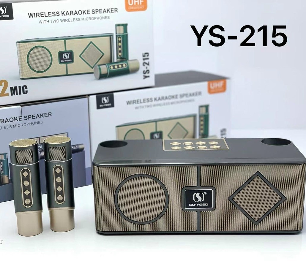 Loa karaoke bluetooth kèm 2 micro hát không dây YS 215 hiệu ứng chuyển giọng âm thanh hay bass căng pin dùng lâu