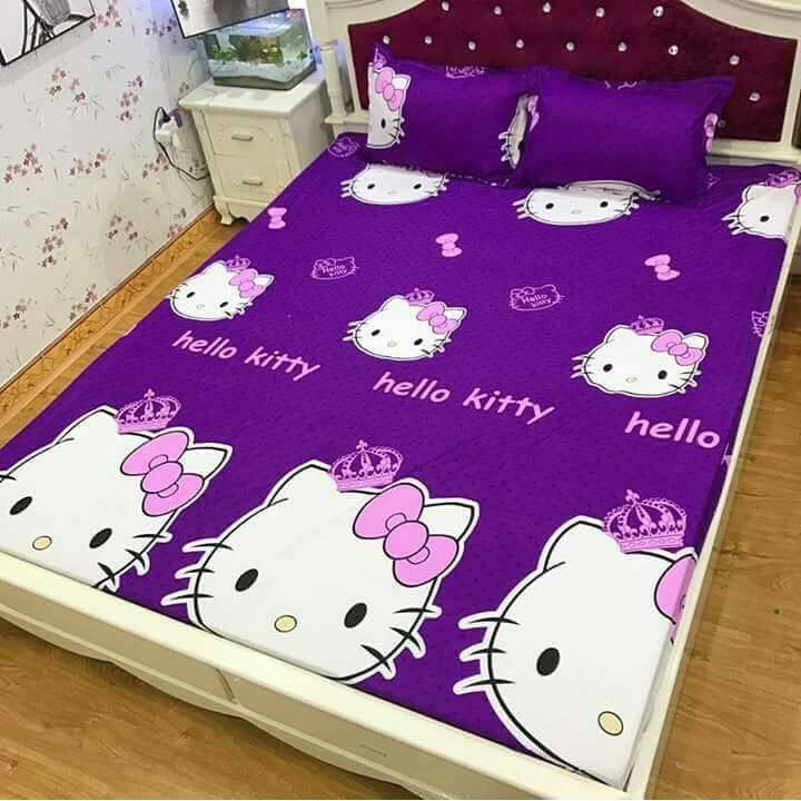 [Ga giường]Ga trải giường,Drap ga giường,ga bọc đệm vải cotton poly 1m2,1m4,1m5,1m6,1m8,2m2 mẫu hello kity tím
