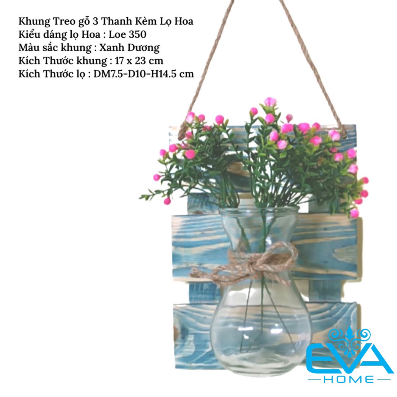 Khung gỗ treo tường 3 thanh nhiều màu kèm lọ hoa thuỷ tinh loe và đèn led trang trí sang trọng
