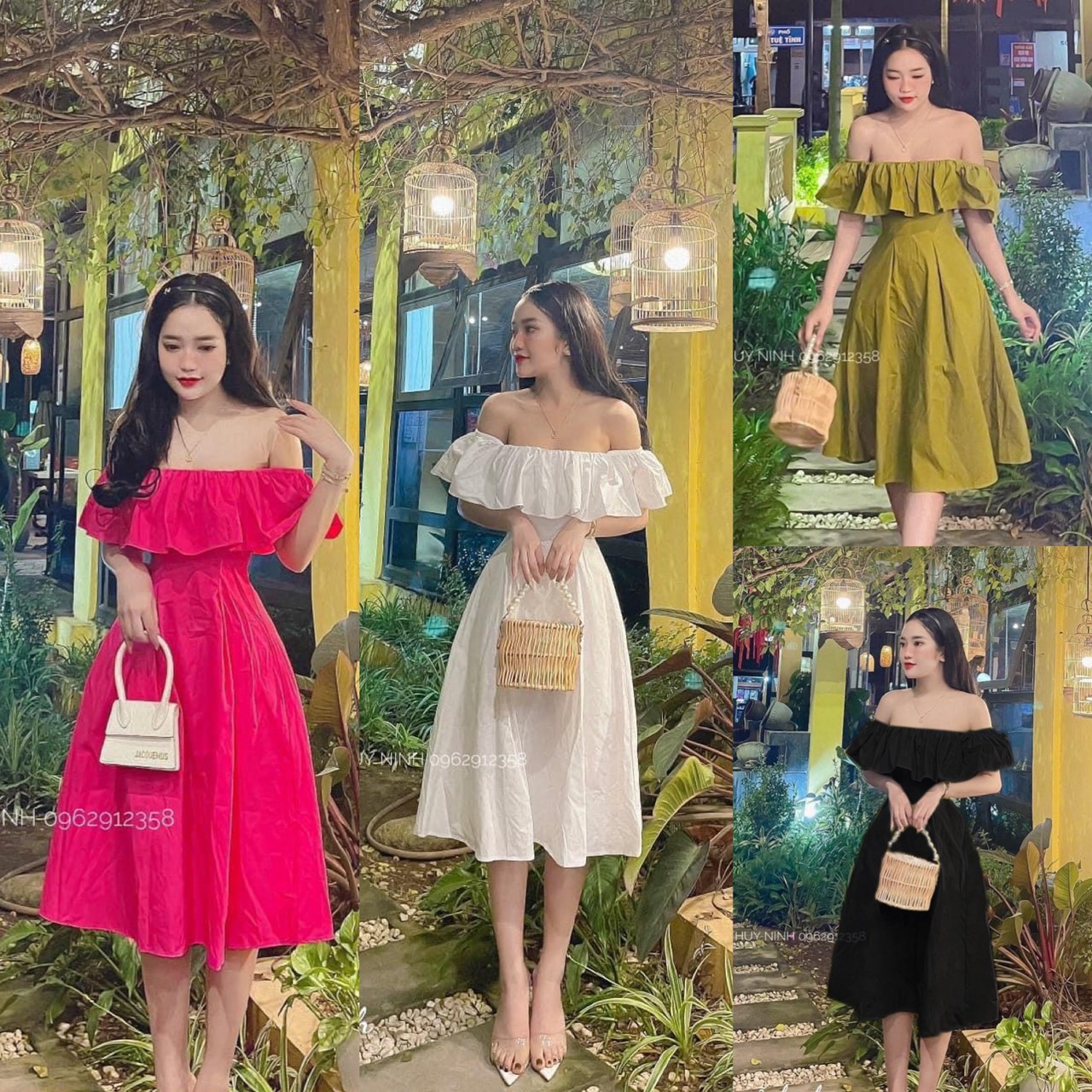 Đầm trễ vai tiểu thư midi bigsize Kim Ngân ( 50 kg đến 90 kg ) ( đầm tết )