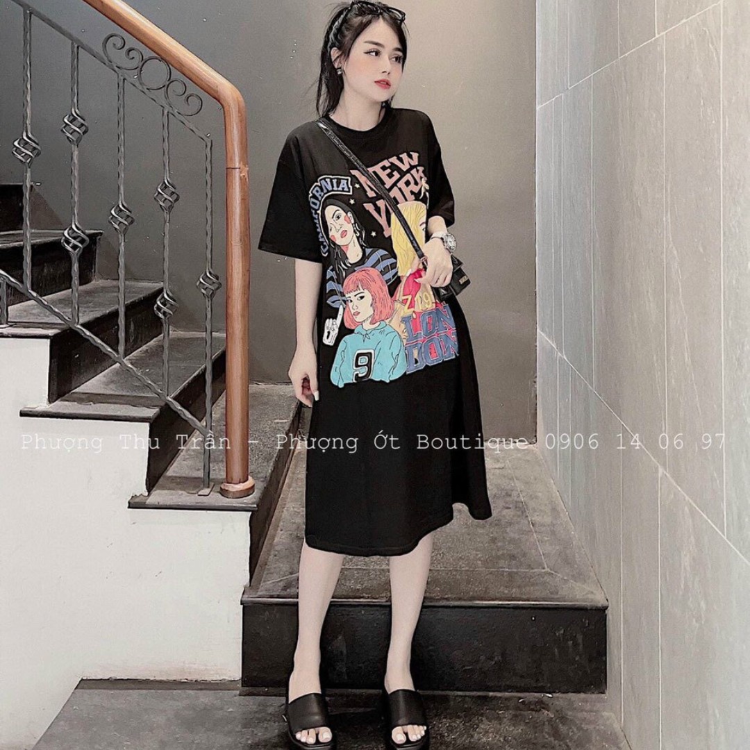 Đầm suông in hình cô gái tay ngắn dài qua gối dễ thương , đi chơi , đi dạo phố đ06501104