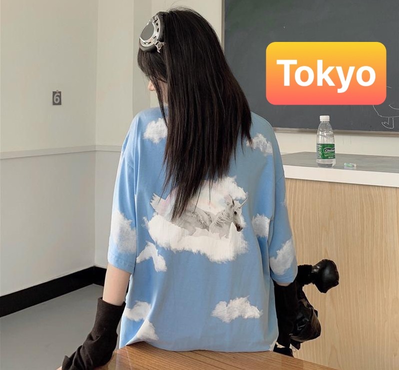 ÁO THUN TEEN FORM PHOM RỘNG TAY LỠ NỮ UNISEX XANH NGỰA MÂY TRỜI ULZZANG NHẬT BẢN - TOKYO FASHION