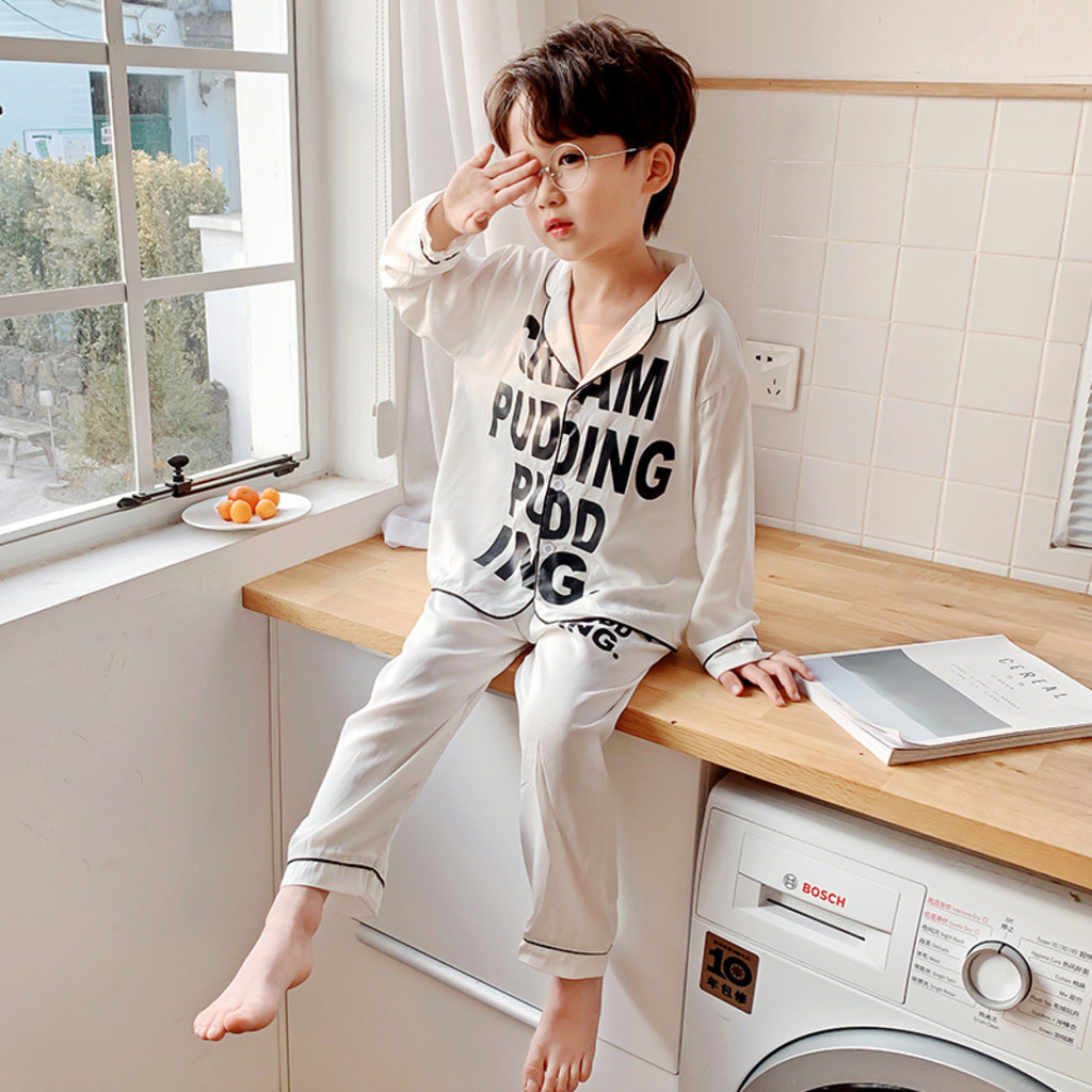 Bộ Pijama Lụa In Chữ Dài Tay Cho Bé, Bộ Đồ Ngủ Lụa Cho Bé Trai Từ 6-28kg In Chữ Cực Xinh - SUMO KIDS