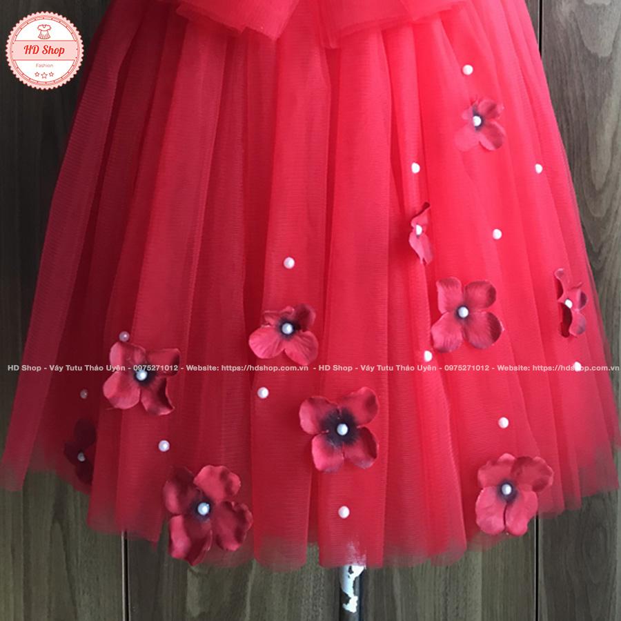 Đầm tutu công chúa đỏ nơ tú cầu đỏ