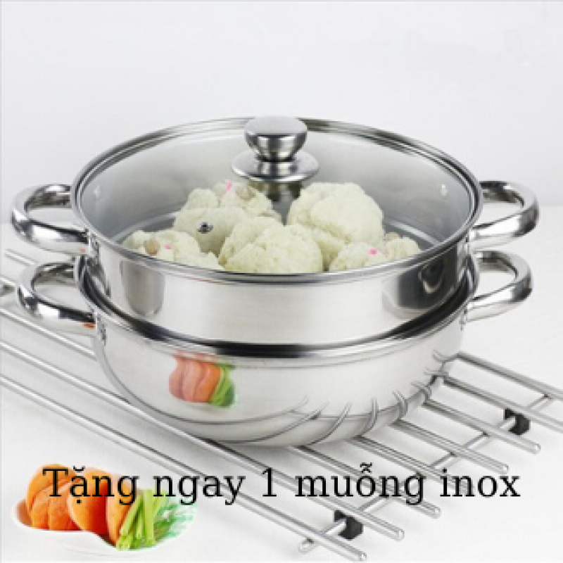 (Tặng kèm 1 muỗng inox) Bộ nồi hấp pot 28cm, Nồi hấp inox 2 tầng cao cấp, Xửng hấp 2 tầng tiện lợi