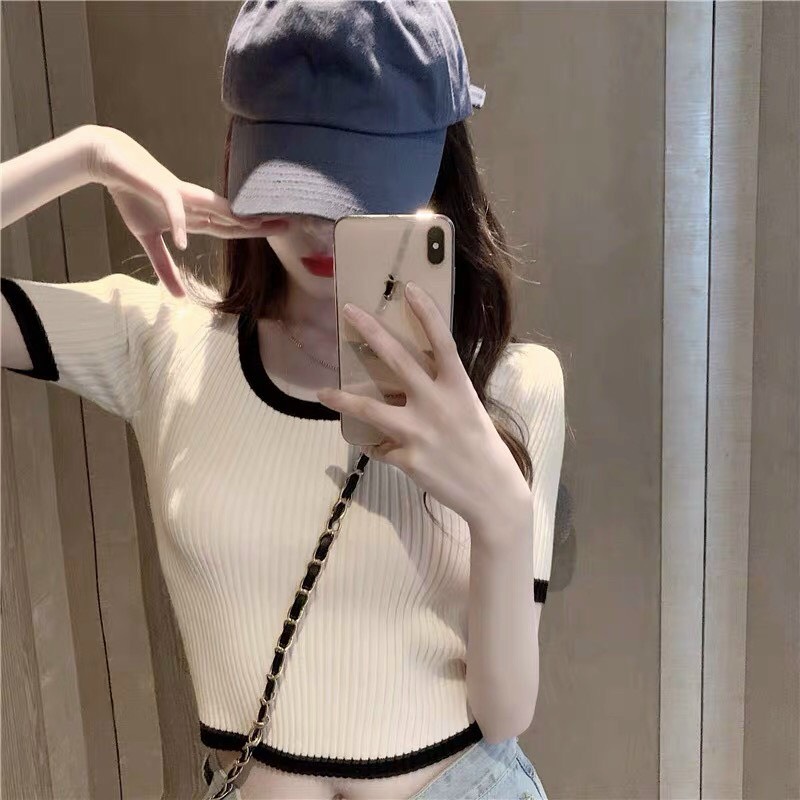 Áo croptop body cổ tròn phối viền cổ viền tay nữ tính TTSA1055