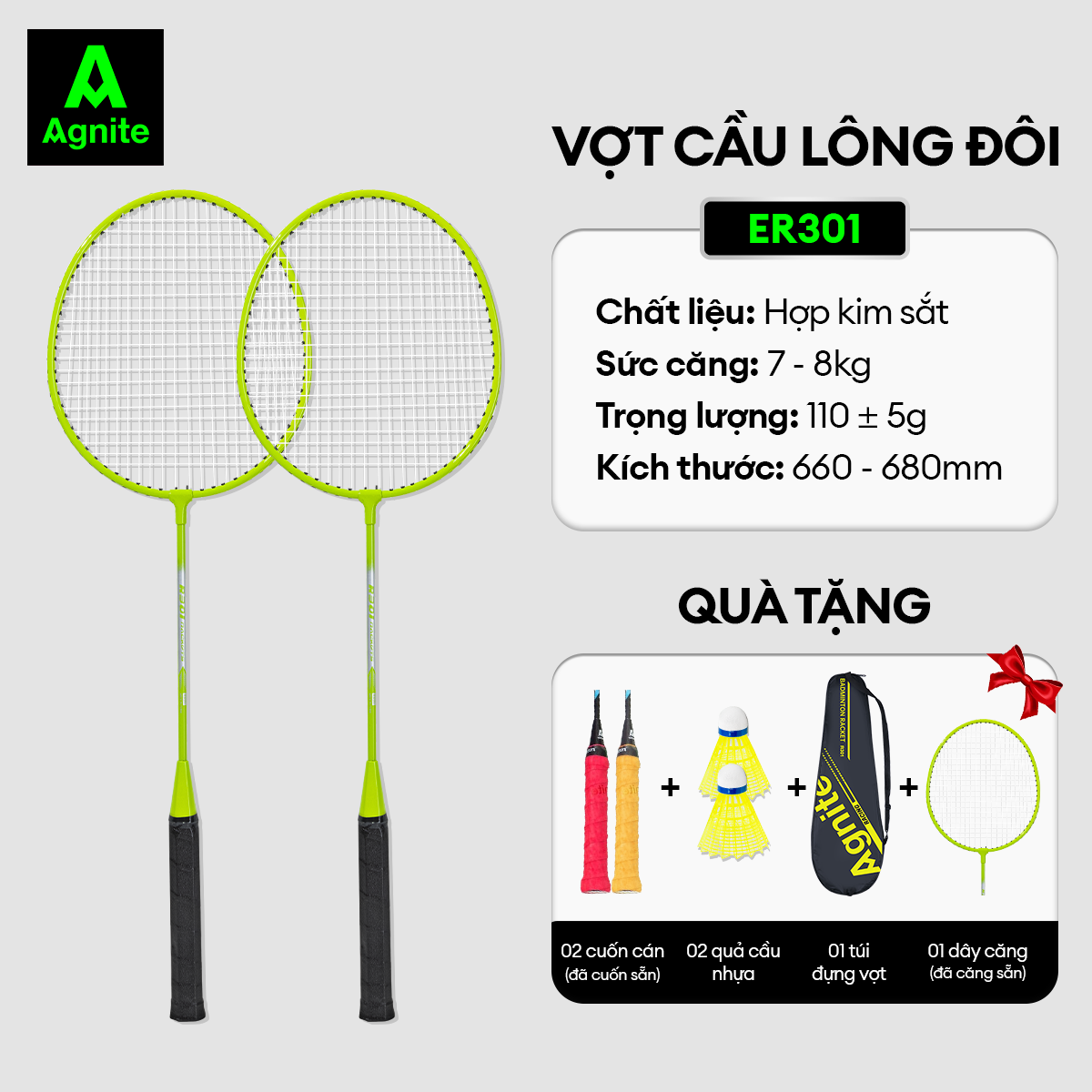 Bộ 2 vợt cầu lông giá rẻ chính hãng Agnite, bền, nhẹ, tặng kèm túi vợt và quả cầu lông - ER301/ER302