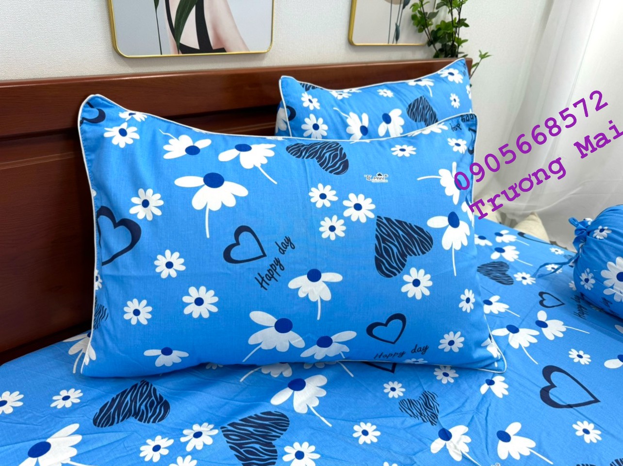 Bộ Chăn Ga và 3 áo gối 100% coton mềm mát thấm hút.
