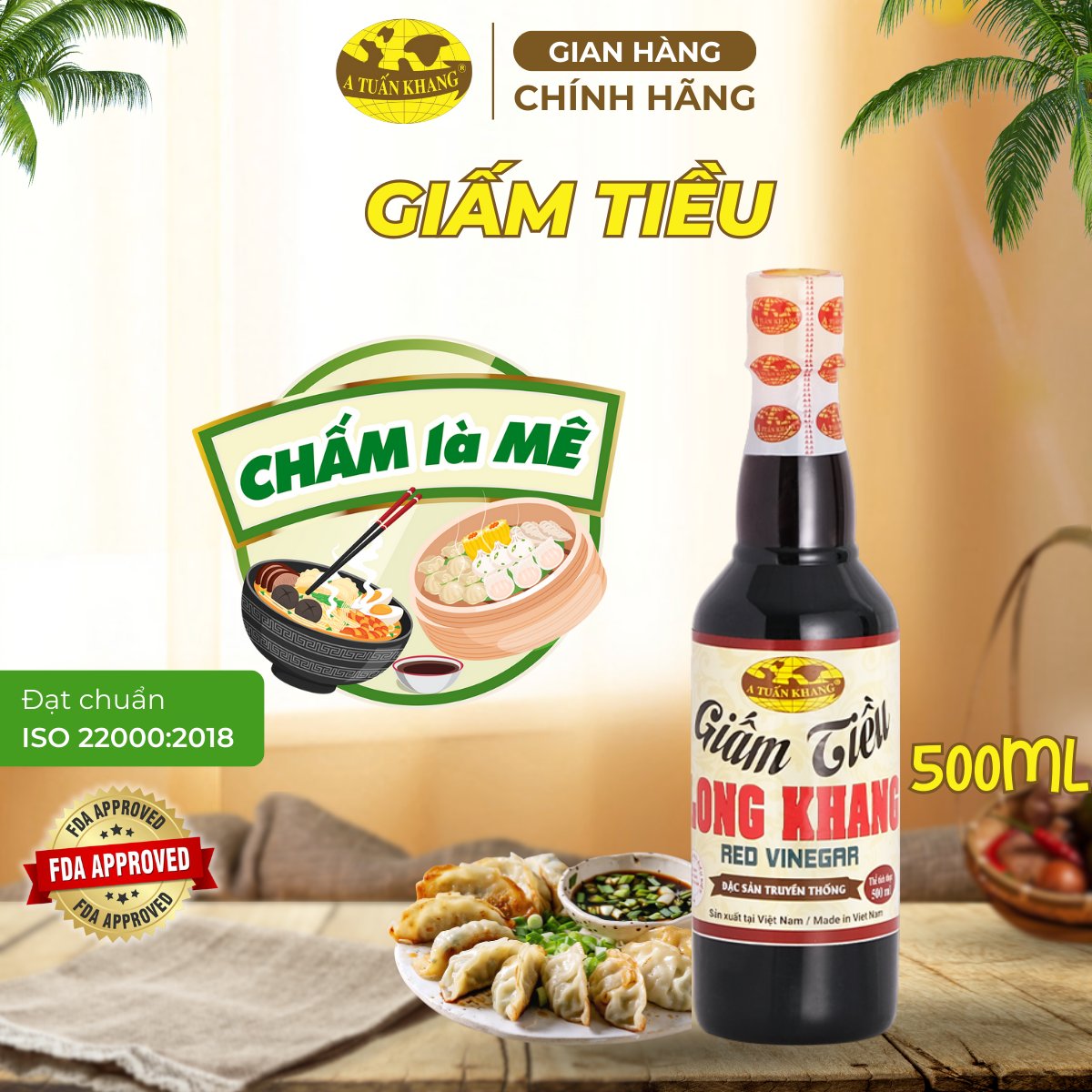 Long Khang Rice Vinegar (Red Vinegar) 500ml – Perfect Seasoning for Dim Sum, Dumplings, Sparkling Dumplings, Hoanh Thanh | A Tuan Khang