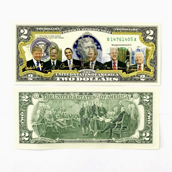 [HCM]Tiền kỷ niệm 2 USD in màu 6 tổng thống Mỹ in hình 6 vị Tổng Thống bằng mực màu nổi đẹp rõ nét - Tờ tiền dài 15cm rộng 6.5cm- SP005196