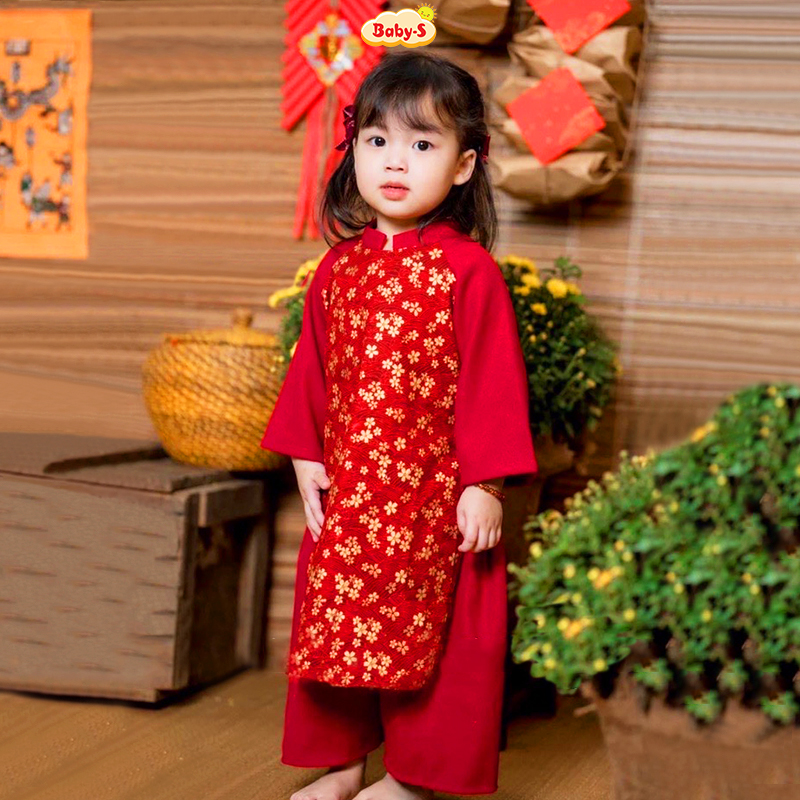 Áo dài bé gái 8-20kg họa tiết hoa nhí baby-s, áo dài cách tân chất tăm nhung cao cấp – sad006
