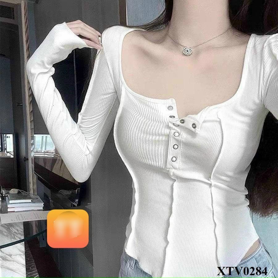 Áo kiểu thun gân tay dài vạt bầu nút bấm cực xinh , chất thun gân mềm mịn co giãn