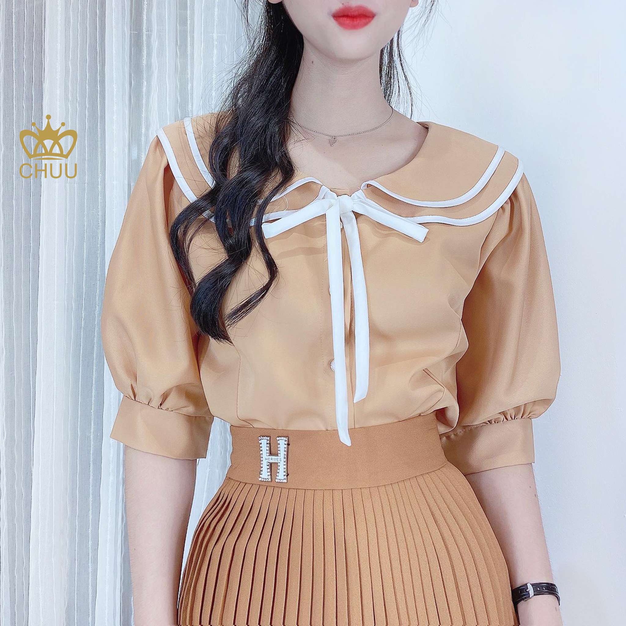 Áo sơ mi công sở nữ kiểu cổ sen 2 tầng cột nơ CHUU A6747