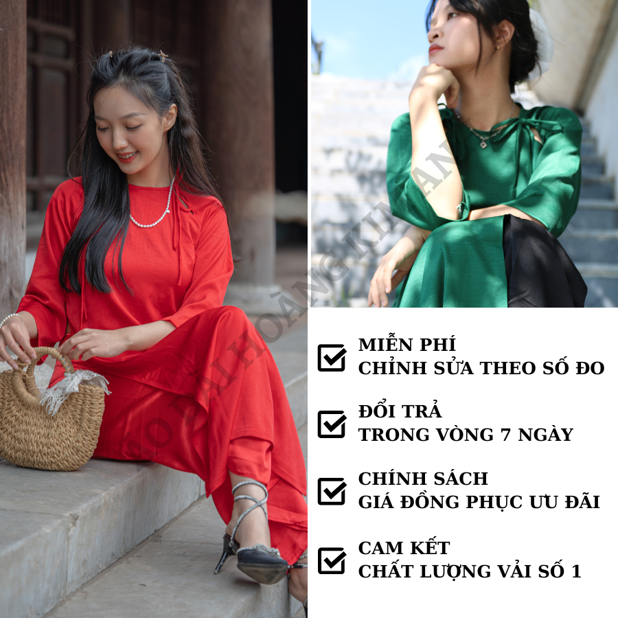 Áo dài cách tân nữ đính nơ vai cách điệu thiết kế 2 tà truyền thống lụa trơn mặc lễ tết đi chùa màu Đỏ và Xanh, Hồng