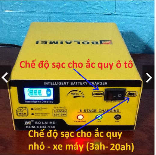 Máy sạc ắc quy tự động 12v24v - 200ah cho ô tô và xe máy tự động ngắt khi đầy