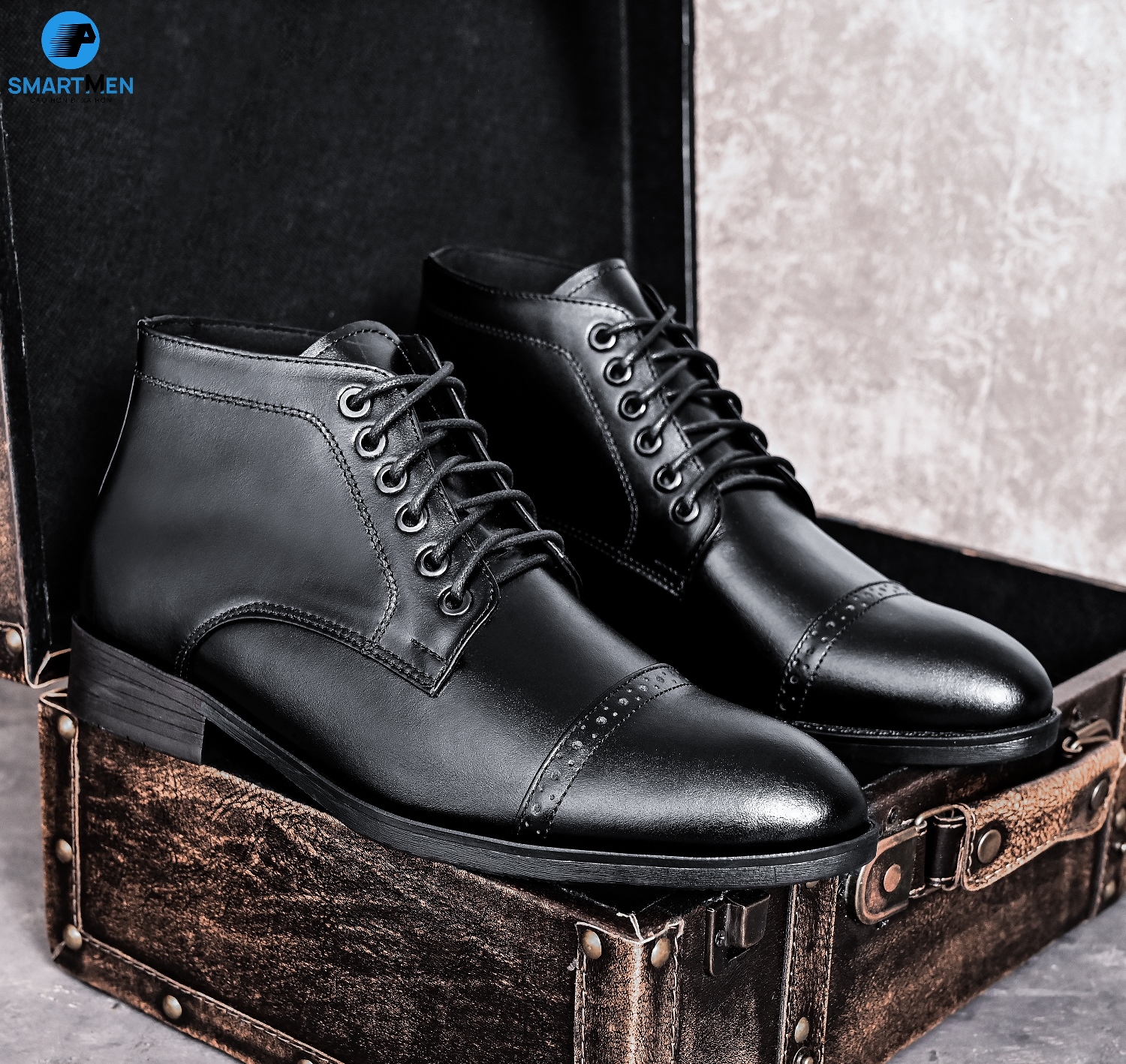 Giày Boot lửng cổ Tăng chiều cao Da bò SMARTMEN GD555 Đen