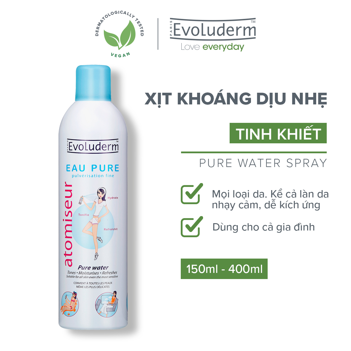 Xịt Khoáng Cấp Ẩm Làm Dịu Da Evoluderm Atomiseur Eau Pure  400ml - Chính hãng Pháp