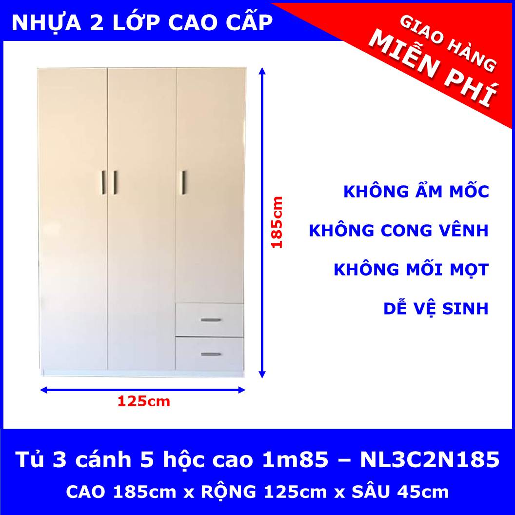 Tủ nhựa người lớn / trẻ em 3 cánh 2 hộc cao 1m85 - NL3C2N185 ( 125cm x 45cm x 185cm ) - chất liệu nhựa Đài Loan 2 lớp cao cấp - KHÔNG CONG VÊNH - KHÔNG MỐI MỌT - KHÔNG ẨM MỐC AN TOÀN KHI SỬ DỤNG