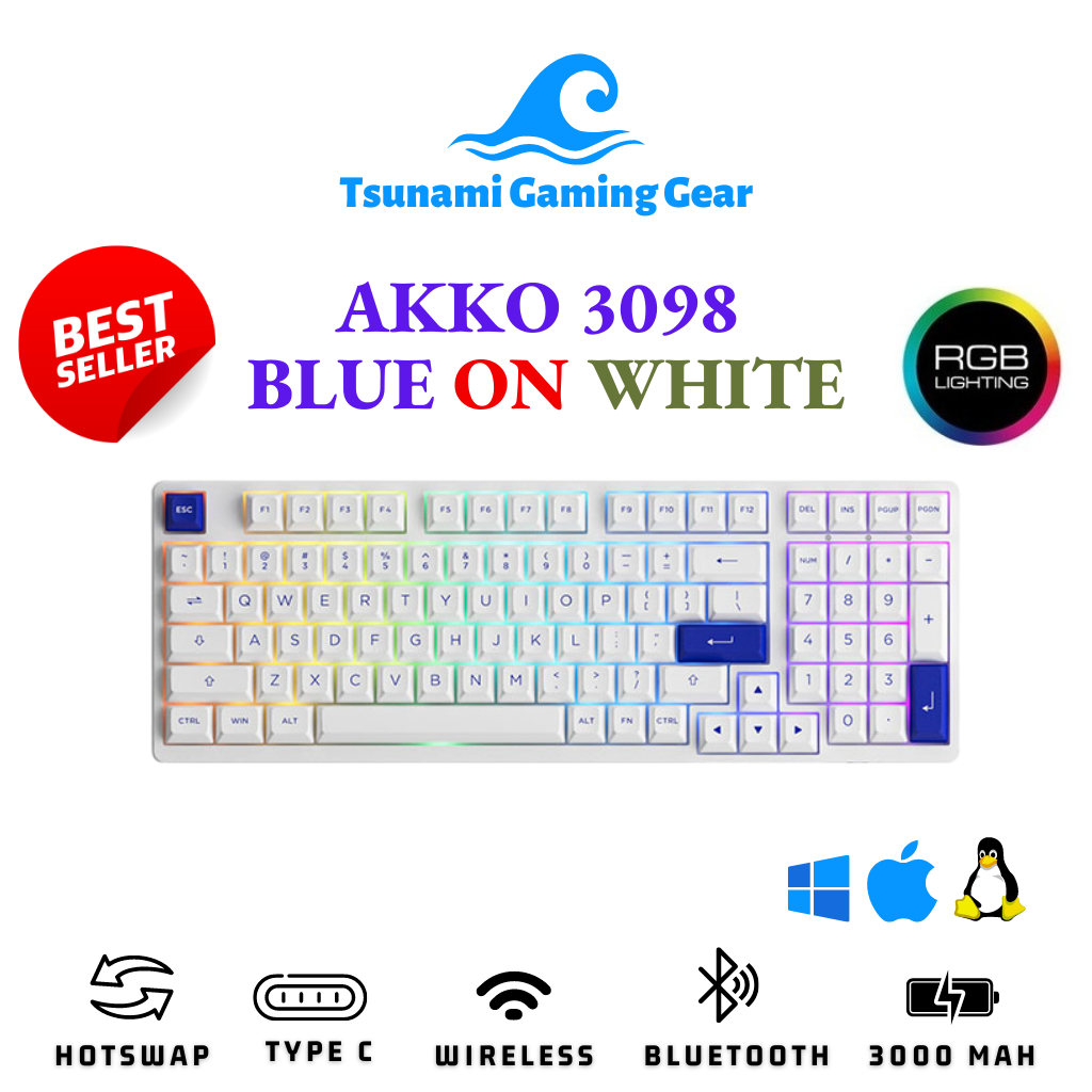 Bàn phím cơ akko 3098n blue on white | 3098b blue on white | rgb | bluetooth | wireless 2.4 ghz | type c