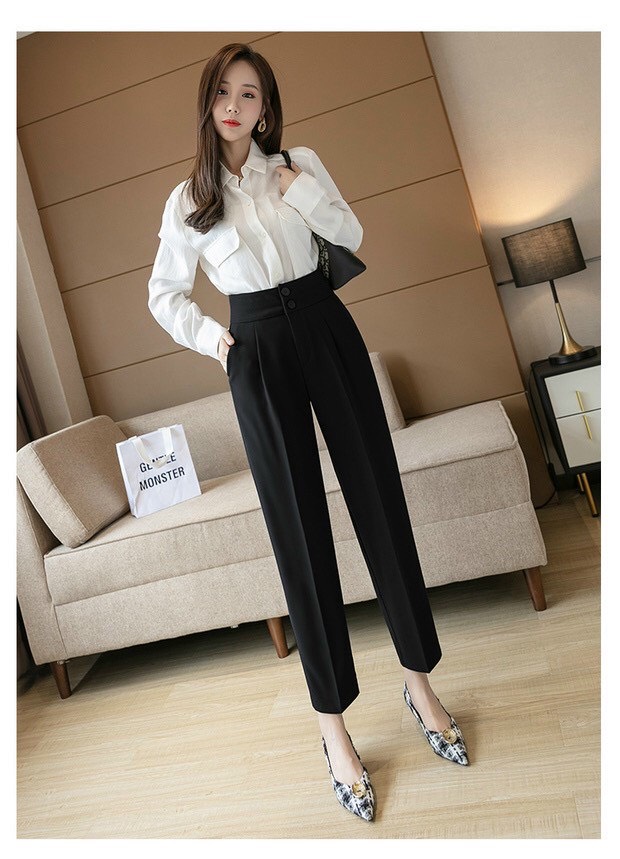 Quần baggy nữ 2 khuy dọc cạp lưng cao quần tây công sở