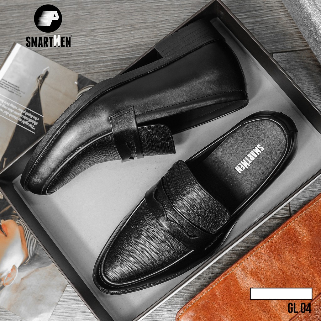 Giày lười công sở tăng chiều cao da bò SmartMen GL-04 đen