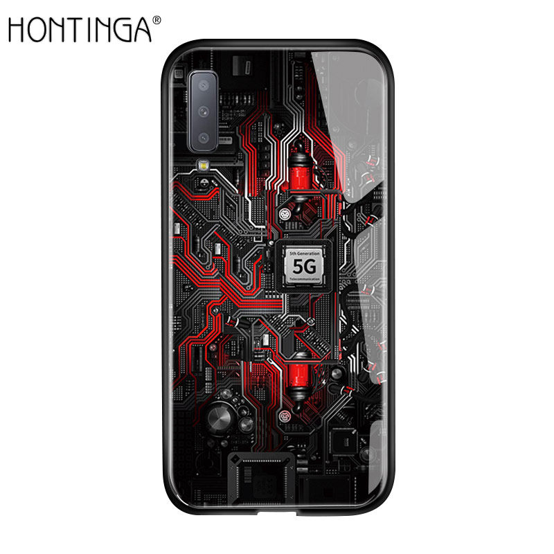 Hontinga For Samsung Galaxy A7 2018 Case, Circuit Board Explorer Theme Version Tempered Glass Phone Case Back Cover Casing Shell