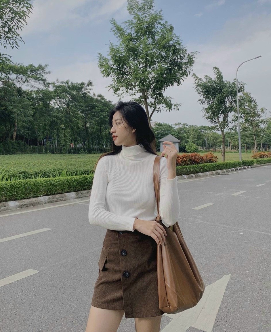 Chân Váy Nhung Nữ Lưng Cao phối cúc siêu tôn dáng .