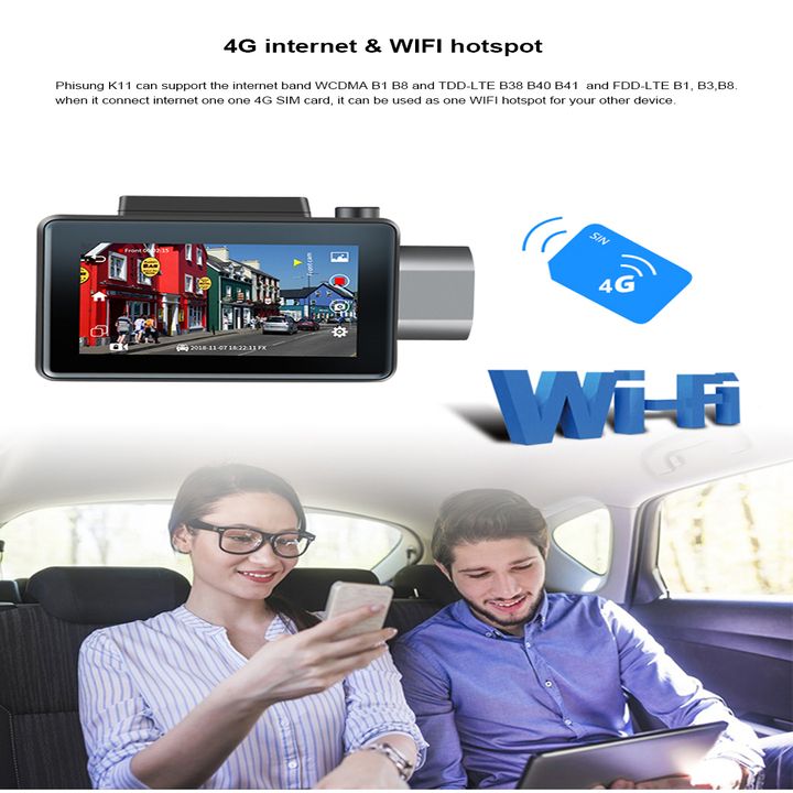 Camera hành trình ô tô Wifi, 4G  Phisung K11 Plus, Android: 8.1, màn hình LCD IPS 3 inch
