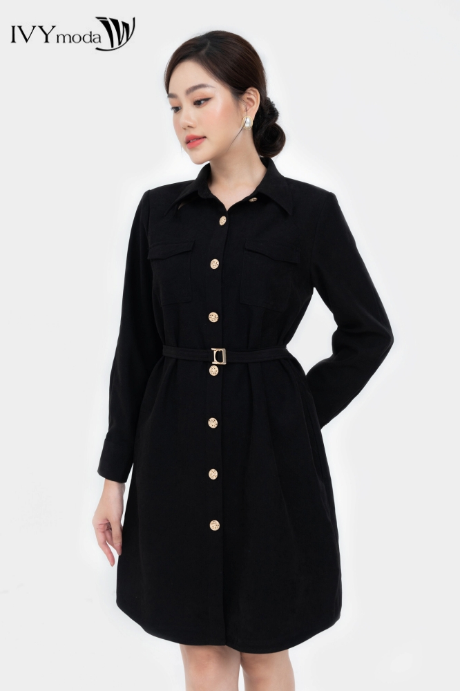 Đầm sơ mi nhung cut out IVY moda MS 48M8003