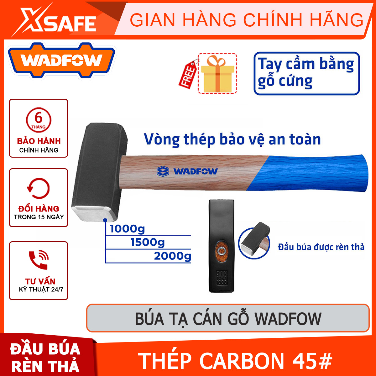 Wasfow wood handle dumbbell hammer weight 1000-2000g carbon steel 45 solid wood handle-genuine