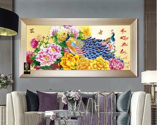 Tranh đính đá LV088 Hoa khai phú quý  kích thước 105x50 cm