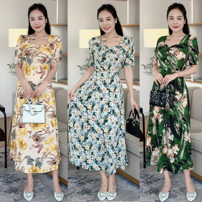 Đầm hoa form dài, cổ đính ngọc đính nút, tay phồng Misa - MS0312 (Hình thật shop chụp)