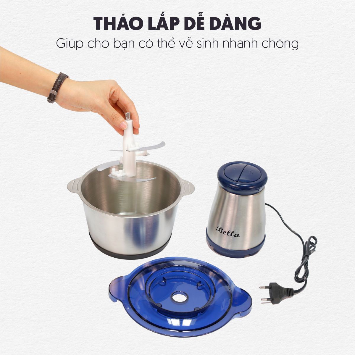 Bộ máy xay cầm tay bella cối inox