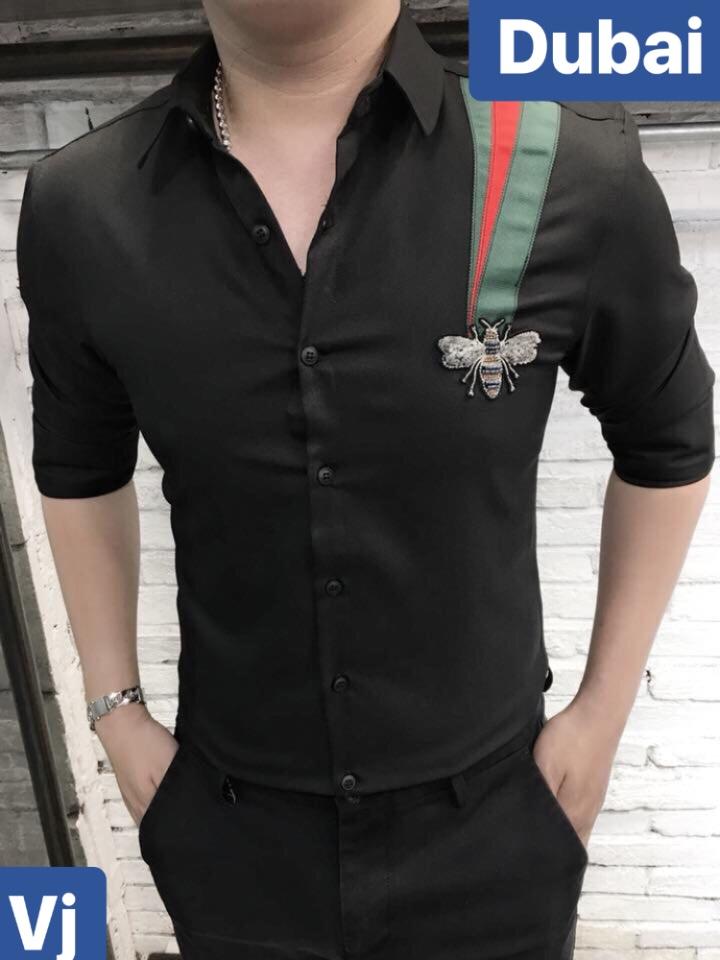 ÁO SƠ MI LỤA NAM CHỐNG NHĂN TRẮNG ĐEN 1 CON ONG CAO CẤP - DUBAI FASHION