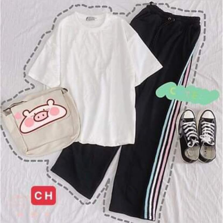 [FREESHIP] sét trang phục nam nữ, sét đồ basic, áo phông hè, thun trắng trơn mix quần 3 sọc form thụng unisex freesize ulzzang 🦋