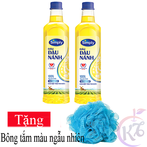 Combo 2 chai Dầu ăn Simply đậu nành chai 1L Tặng 1 bông tắm màu ngẫu nhiên