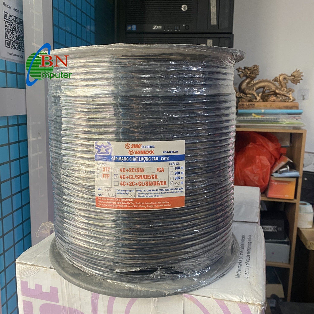 Dây cáp mạng CAT 3 SINO 4 lõi có gia cường có dầu cuộn 500m, dây màu đen, chất lượng tốt