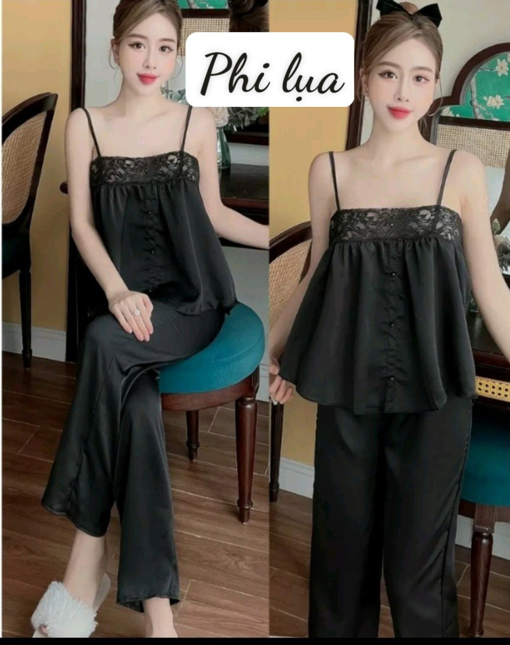 Đồ Bộ Hai Đây Phối Ren Vải Phi Lụa Loại 1 có Tăng Đưa Mềm Mát Freesize Dưới 60kg - Set Bộ Dài Mặc Nhà Vải Phi Lụa