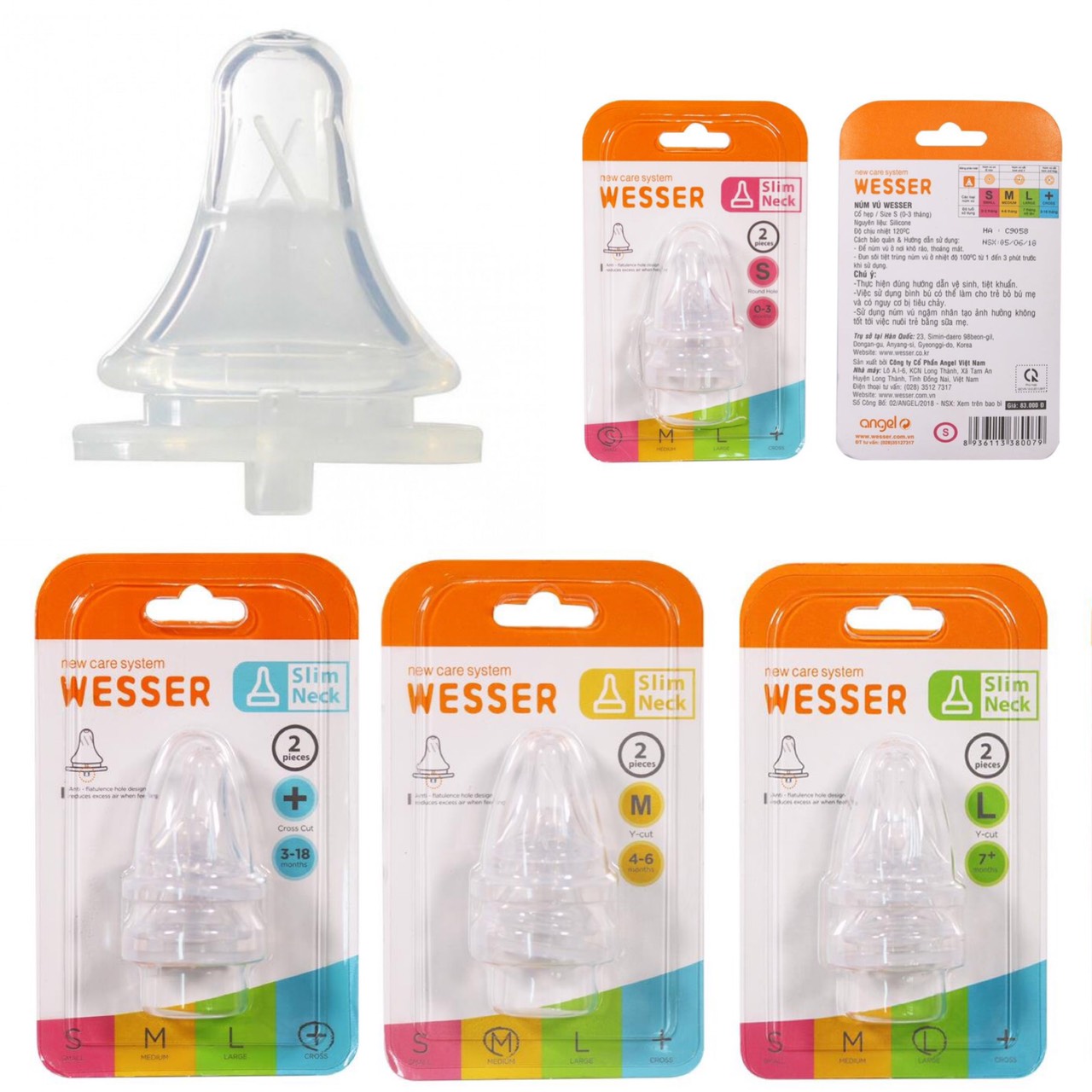 Núm Vú Wesser silicone Cổ Hẹp cho bé Size S M L+