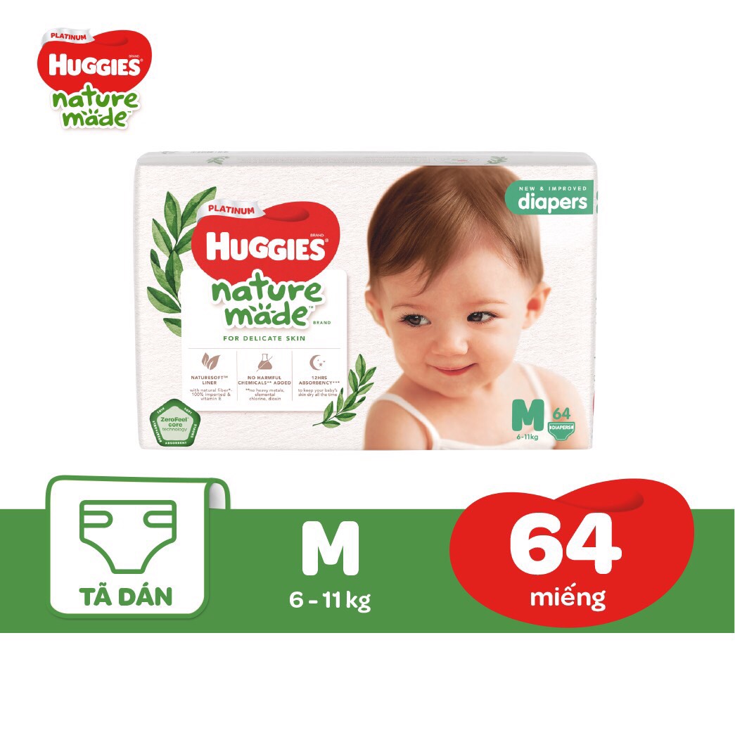 Tã Dán Huggies Platinum Nature Made Size M 64 Miếng (6 – 11 kg)