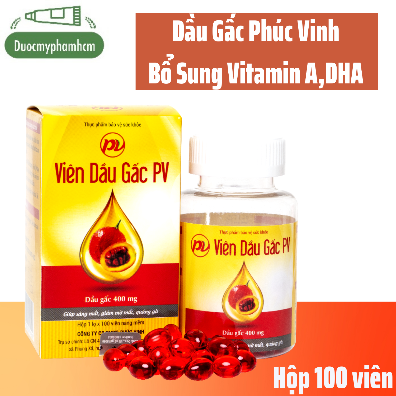 Viên Dầu Gấc Phúc Vinh- Tăng Cường Vitamin A, DHA- Bổ Mắt, Tăng Thị Lực, Giảm Nhức Mỏi Mắt - Hộp 100 viên
