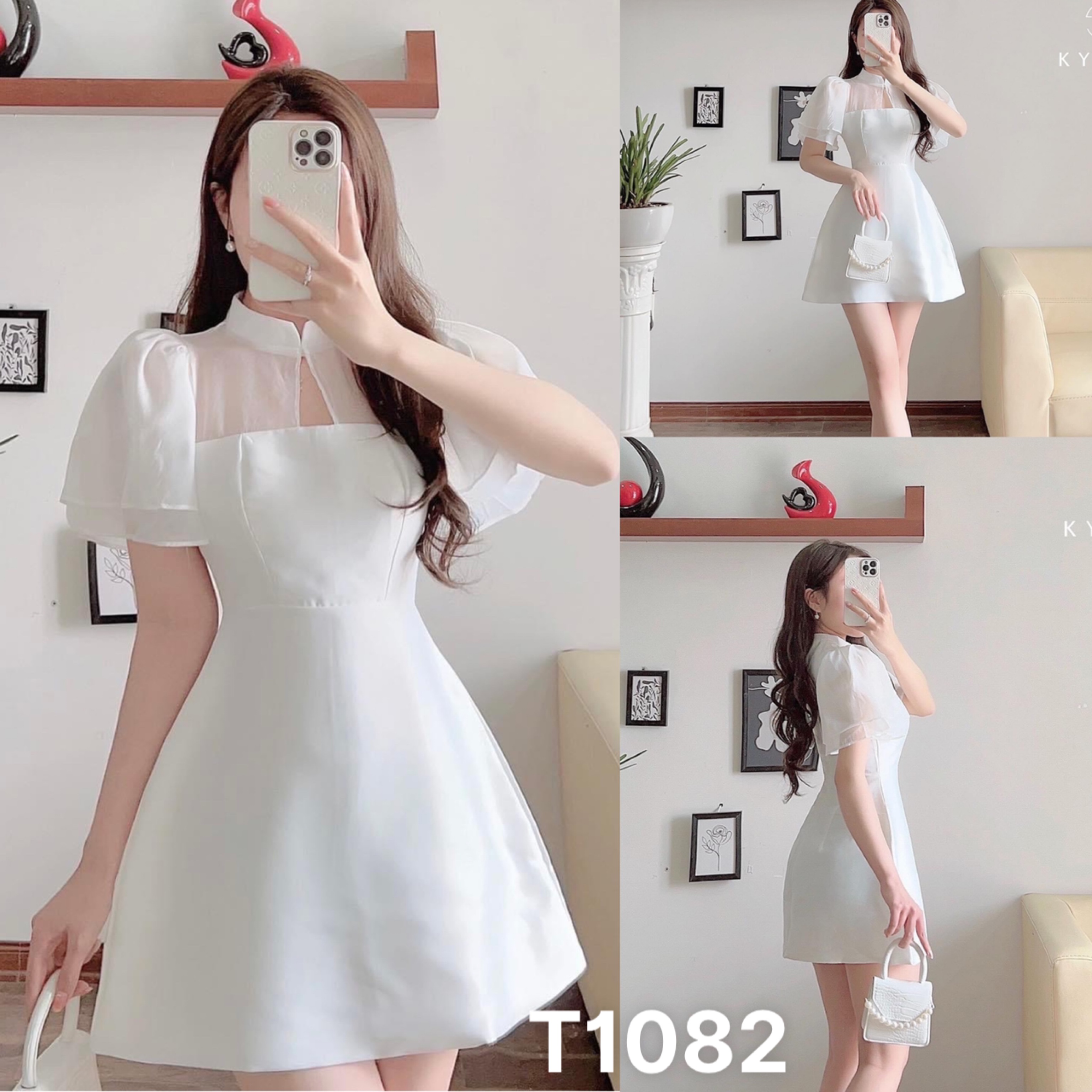 Đầm xoè nữ cổ tàu phối bèo voan chất liệu cotton lạnh T1082